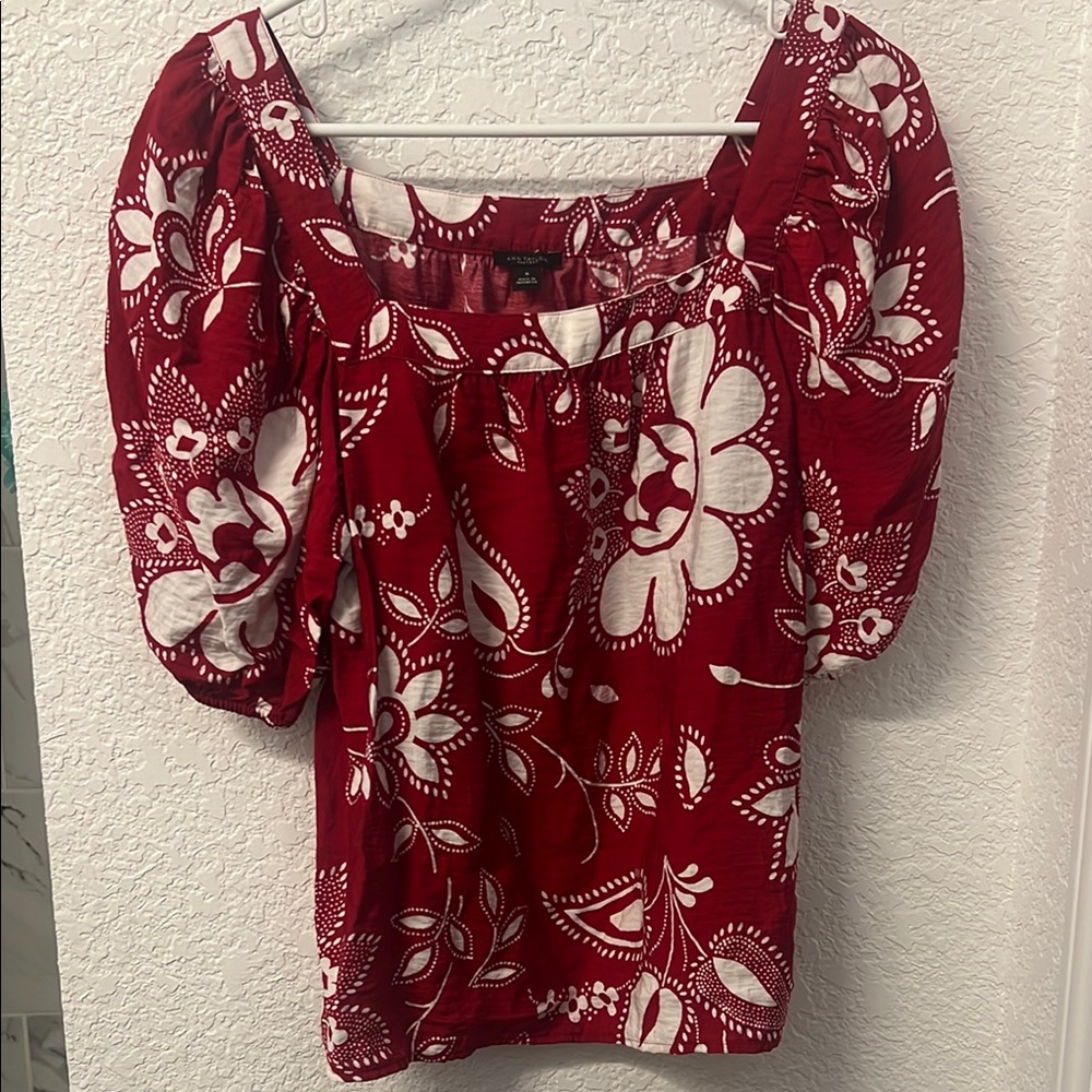 Ann Taylor Red Puff Sleeve Smocked Blouse